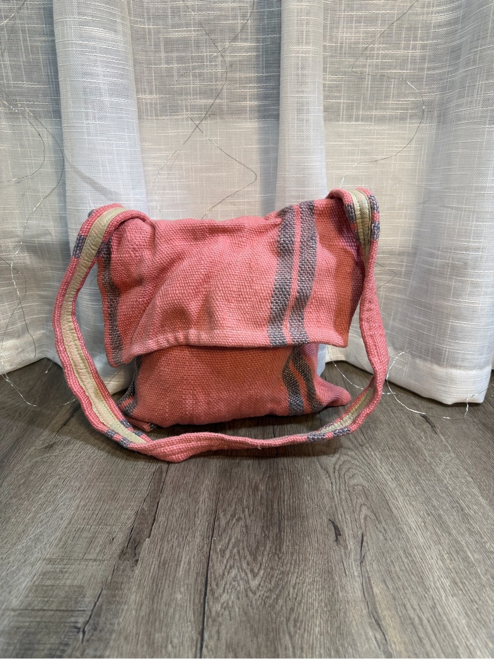 Pink and gray plaid woven bag with a boho vibe